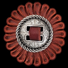 Load image into Gallery viewer, This single flower beaded border silver plated concho is 1.25

