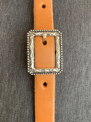 3/4 Silver cart buckle with scroll overlay and SS tongue.