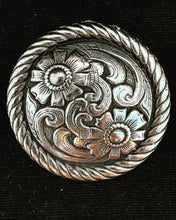 Load image into Gallery viewer, 2” Newly designed silver floral screw back concho with scroll overlay
